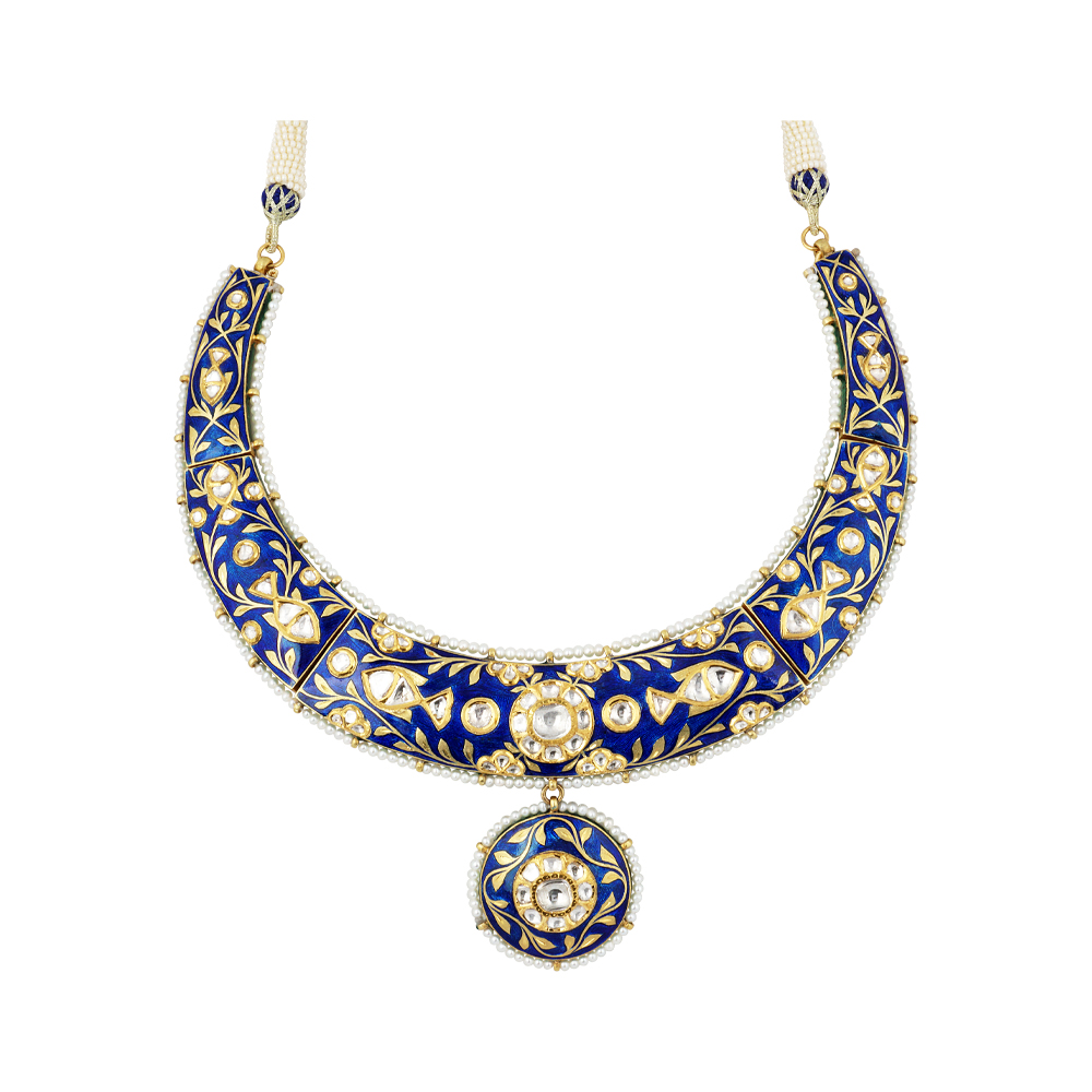 Indigo Enamel Hasli Necklace with Polki and Pearl Detailing